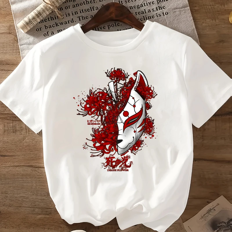 Men and Women Japanese Kitsune Fox Mask Sakura Cherry Blossom Graphic T-Shirt Black with Red Floral Print Men Clothing