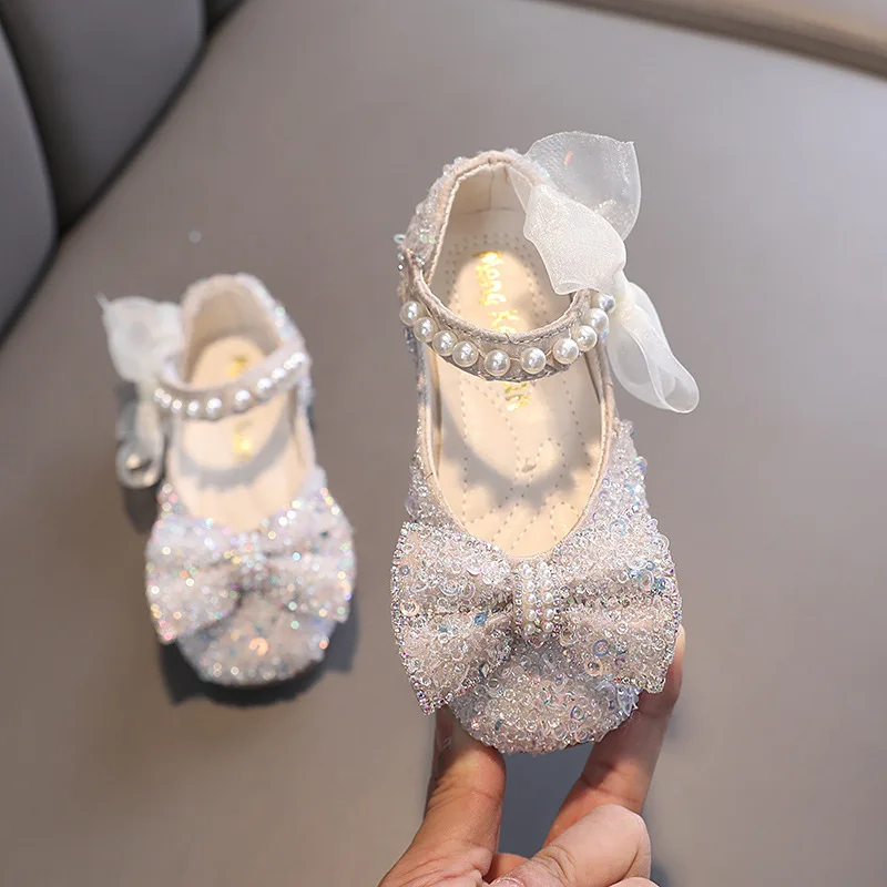 2023 Autumn New Children's Leather Shoes Fashion Sequin Rhinestone Bowknot Girls Princess Dance Performance Shoe Baby Kids Flats