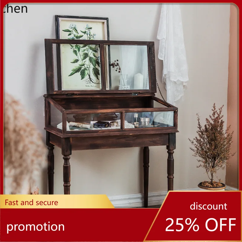PYH retro minimalist light luxury solid wood display cabinet with glass, figurine, vanity, and jewelry storage