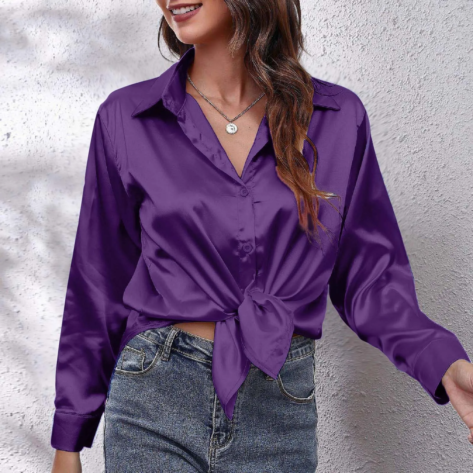 

Women's Satin Shirts Solid Color Basic Casual Blouses Elegance Long Sleeve Lapel Button Up Office Top 2025 Luxury Femal Clothing