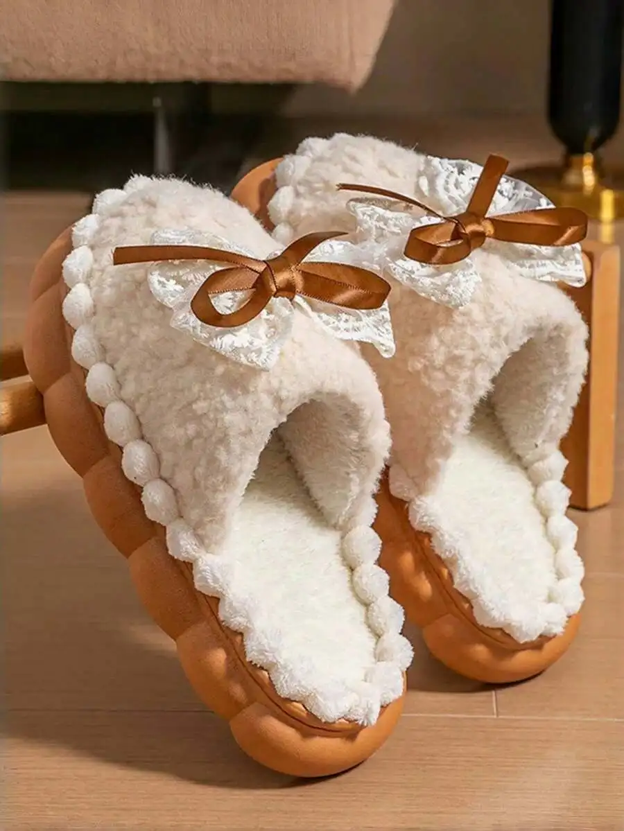 

Women's Bowknot House Slippers, Fashion New Autumn/Winter Warm Cute Plush Indoor Non-Slip Comfortable Bedroom Slippers