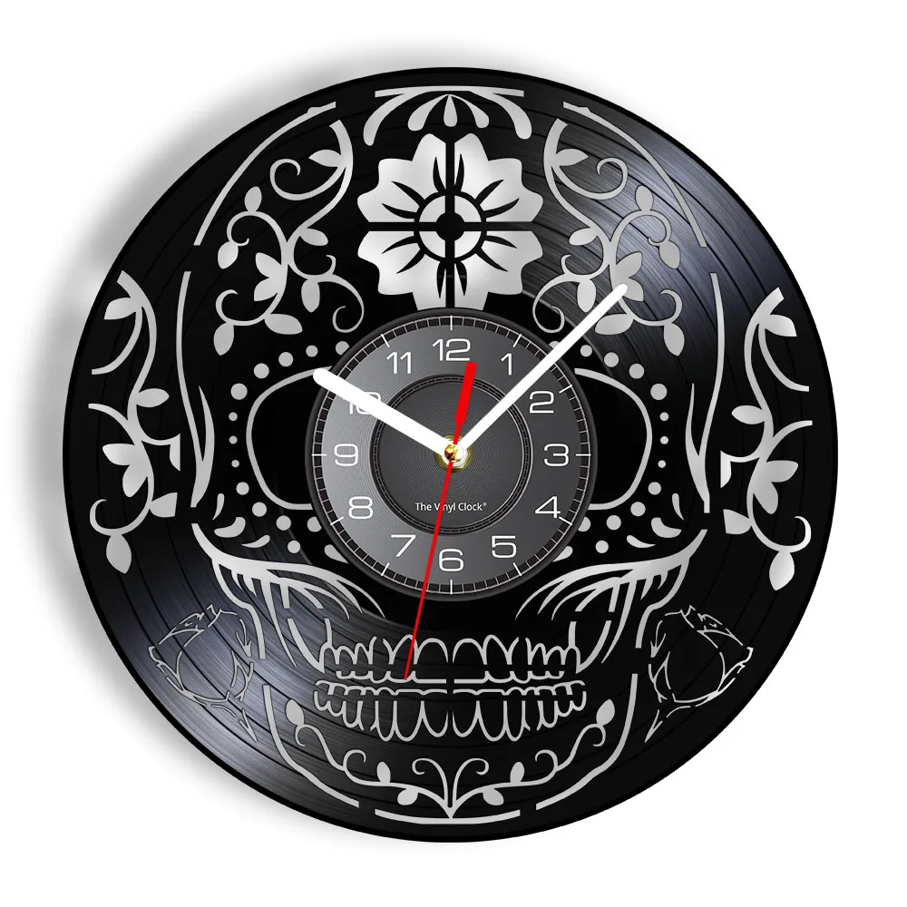 

Skull Day Of The Dead Laser Cut Longplay Wall Clock Gothic Style Decor Skeleton Dia de Muertos Indian Culture Silhouette Watch