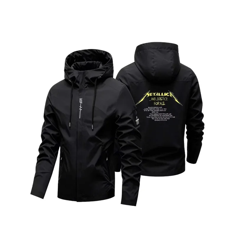 Men's hooded windbreaker jacket, featuring a Metallica rock band print, ideal for casual, outdoor sports, and