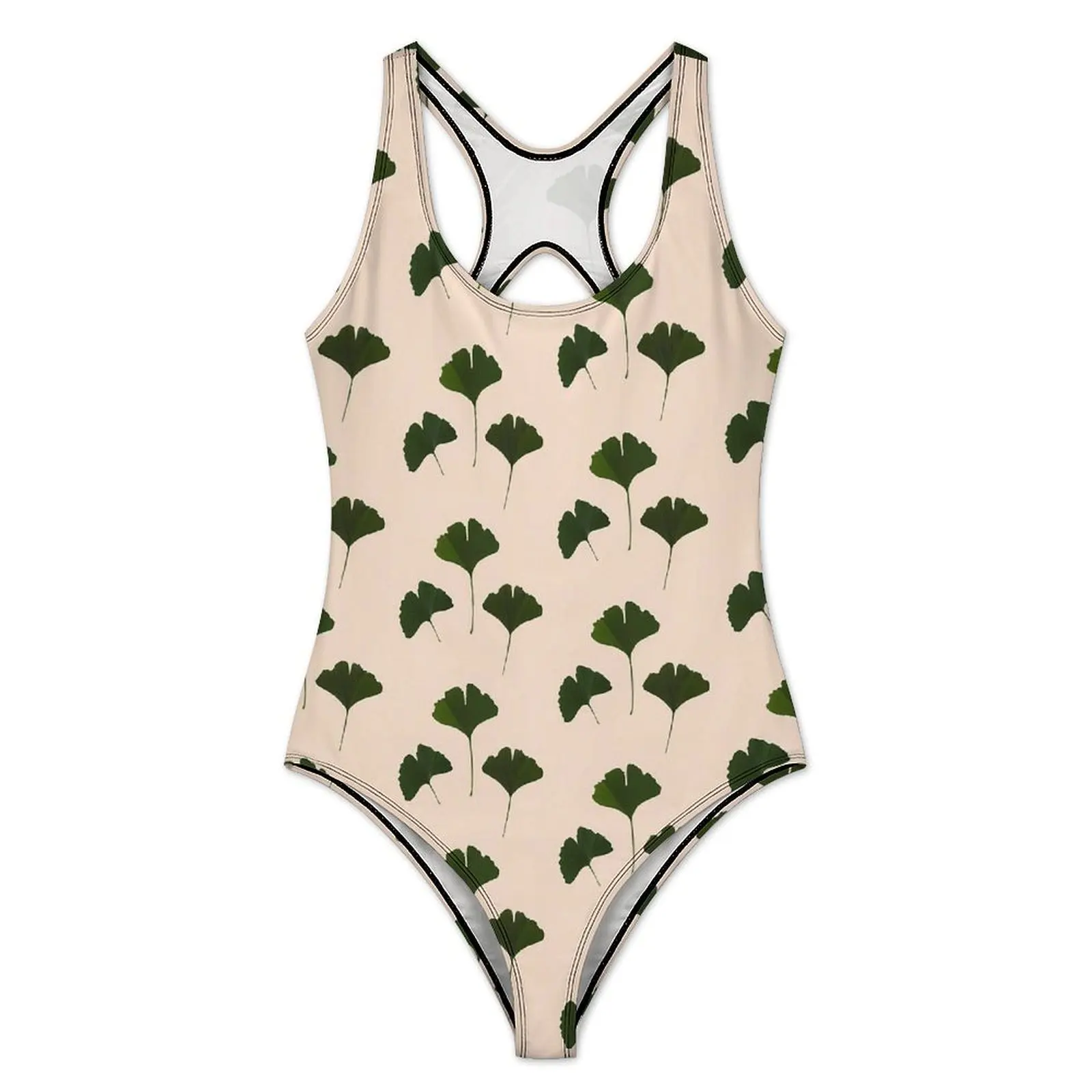 Ginkgo Biloba Swimsuit Sexy Black Leaves Print One Piece Swimwear Push Up Bodysuit Fantasy Holiday Pool Bathing Suit