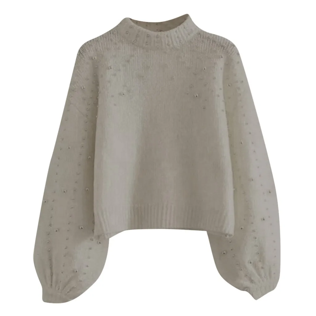 2023 Women Sweater Winter Solid Gray Mock Neck Long Sleeve Pearl Knitted Sweater Women Pullover Knitted Jumper Pull Femme