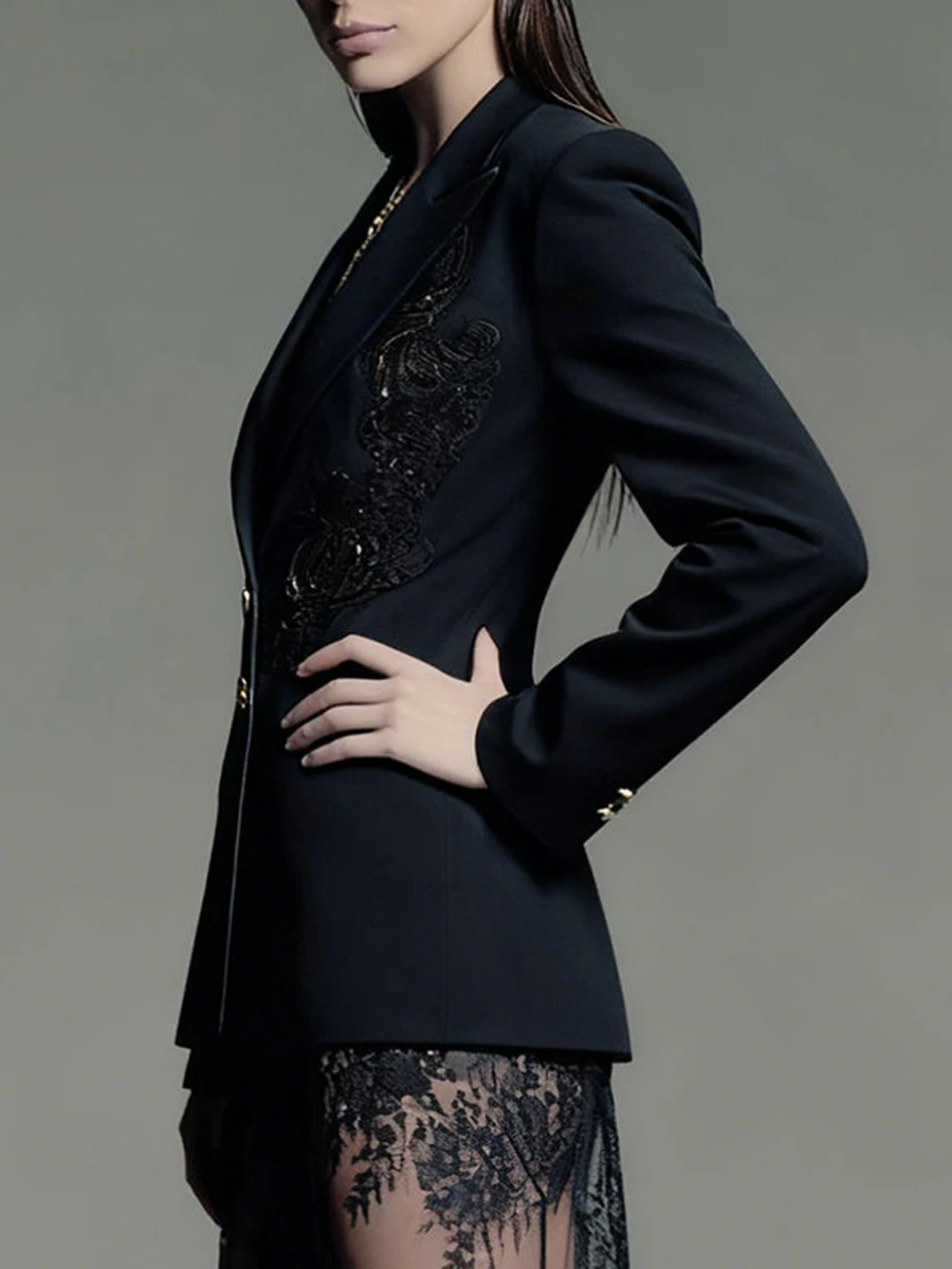 Luksusowa, minimalistyczna marynarka wyszczuplająca dla kobiet VGH, kołnierz z klapami, długi rękaw, patchworkowa, z koronkowym haftem, ażurowa kurtka damska, nowość.