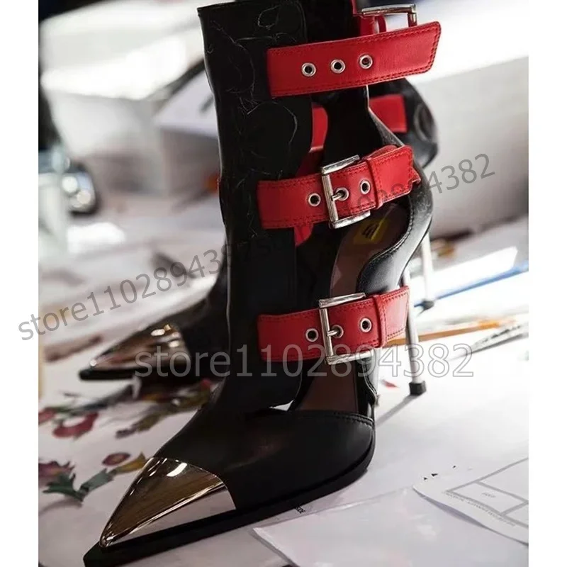 

White Buckle Decor Metal Heel Pointed Toe Pumps Ankle Buckle Strap Women Shoes Thin High Heels Fashion 2025 Zapatos Para Mujere
