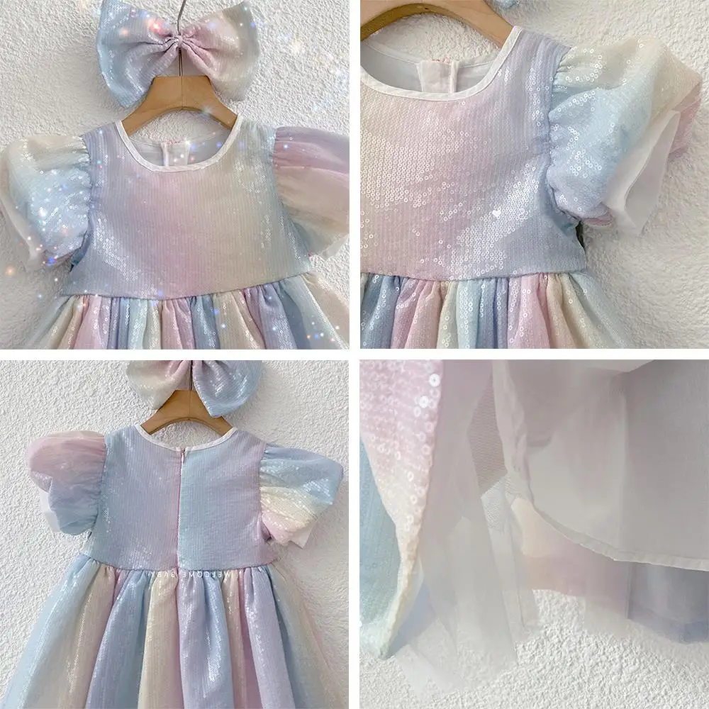 Bear Leader Fashion Rainbow Sequins Girl Dress Birthday Party Wedding Girl Dresses Kids Clothes Summer Ball Gown Dress Vestidos