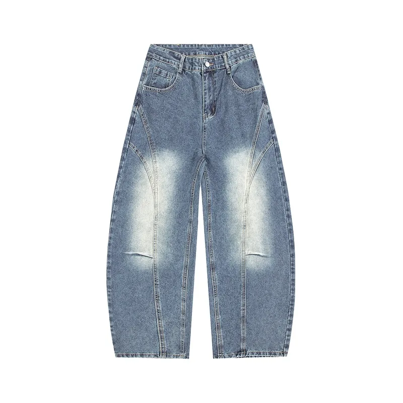Men High Waist Curved Stitch Vintage Faded Denim Pants Loose Baggy Soft Draped Streetwear Trousers