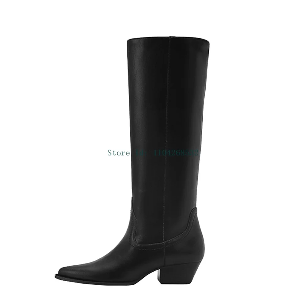 Botas hasta la rodilla de cuero genuino negro, botas sexis con punta cuadrada y sólido sin cordones, nuevas botas modernas de moda para mujer