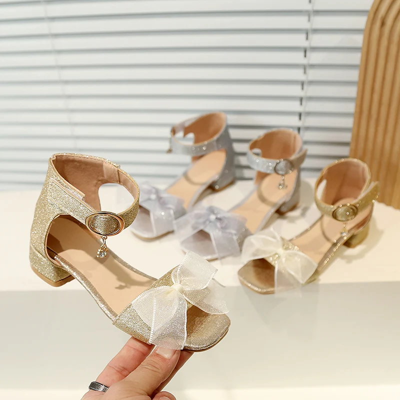 2026 Summer New Sweet Bowknot Kids Dress Sandals Girl Fashion Open-toe Sandals with Heels Sequins Children's Princess Sandals