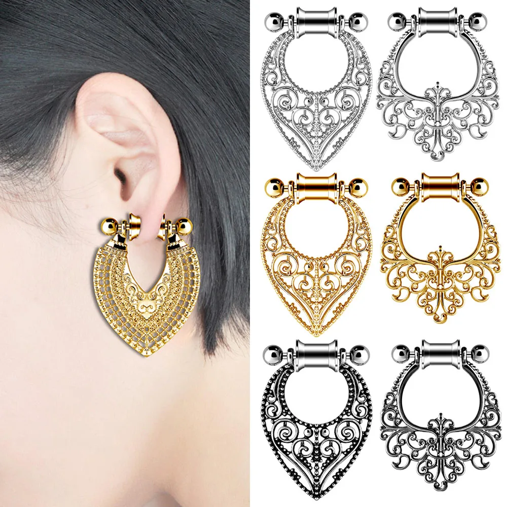 1Pair 4-30Mm Dangle Stainless Steel Flower Ear Plug Earring Tunnel Strecher Piring Oreja Dilataciones Vintage Boho Ear Gauges