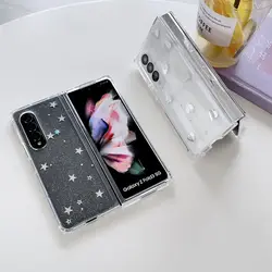 For Samsung Z Fold 5 4 Case Sequin Star Heart Transparent Fold Phone Case For Galaxy Z Fold 3 ZFold4  Shockproof Hard Back cover