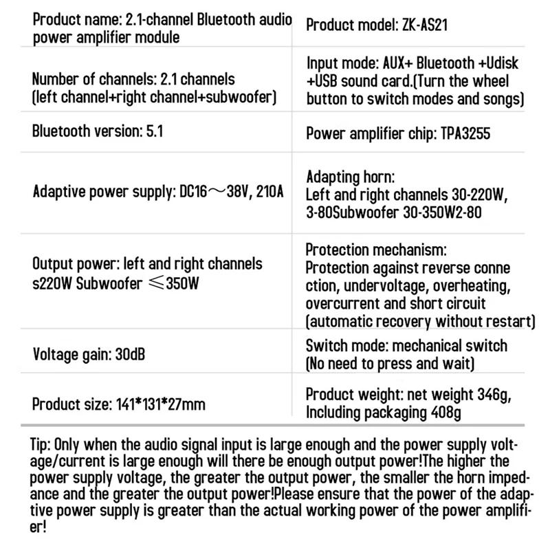 ZK-AS21 2.1 Channel TPA3255 Bluetooth Digital Power Amplifier Board Module High And Low Tone Subwoofer 220WX2+350W