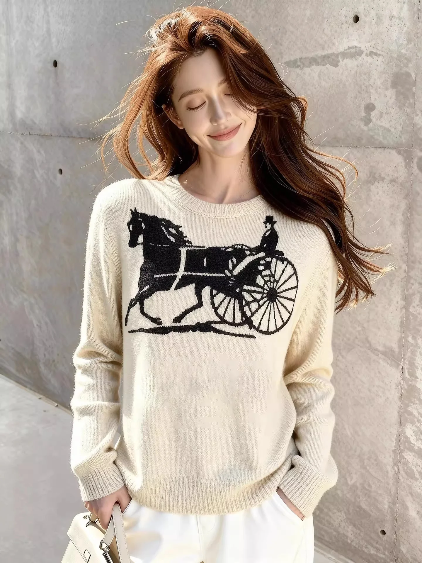 

Laid-back Style round Neck Loose Knitted Oatmeal Color Women's Winter Sweater Skin-friendly Comfortable Korean Version Woolen...