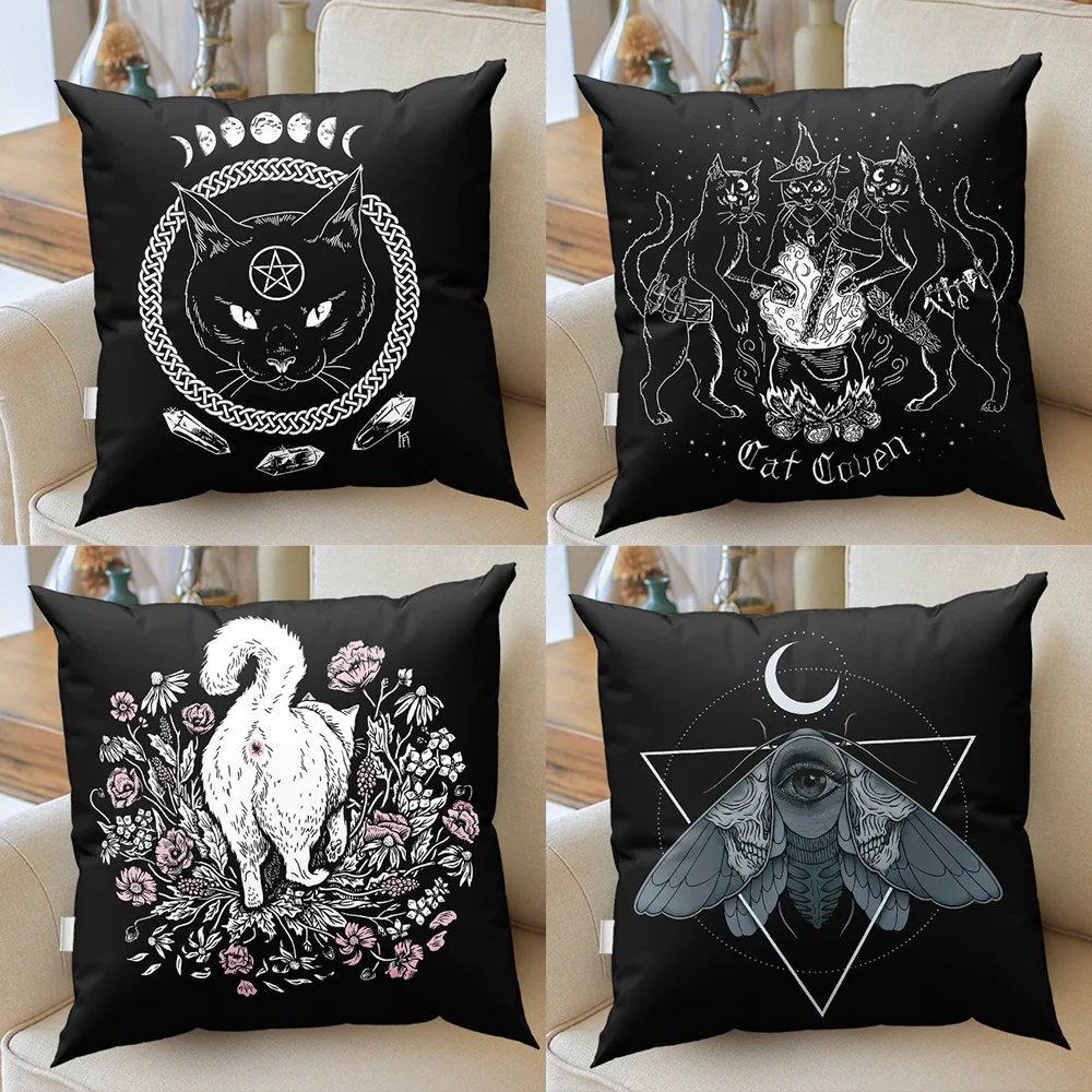 Cat Mystery Divination Witchcraft Cushion Cover Pillowcase Black Pillow Home Decor