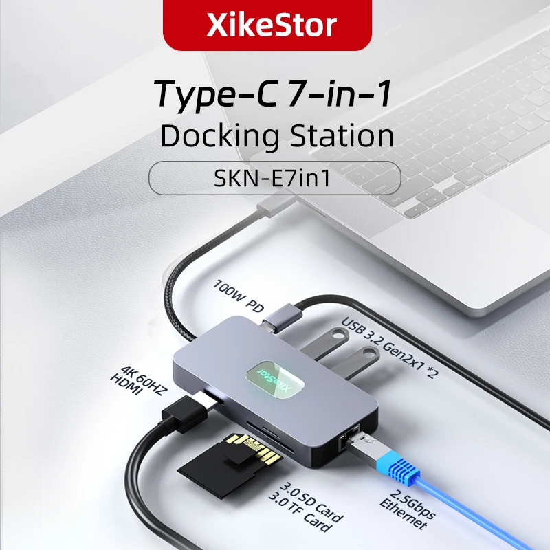 

Док-станция XikeStor 7 в 1 Type-C с 4K60Hz HDMI/2,5G RJ45/1000W PD/2 * USB 3,2 порта для передачи данных/TF и SD порты для нескольких устройств