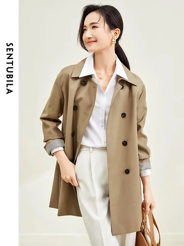 

SENTUBILA Vintage Double-breasted Belted Trench Coat for Women 2025 Spring Simple Elegant Jackets Long Sleeve Lapel Outerwear