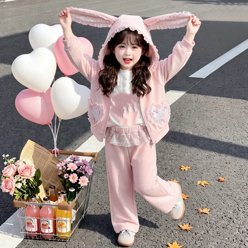 Girls Bunny Ear Hooded Tracksuit, Lace Ruffle Sequin Heart Pocket Zip Jacket & Wide Leg Pants 2Pcs Set, Sweet Kids Outfit Spring