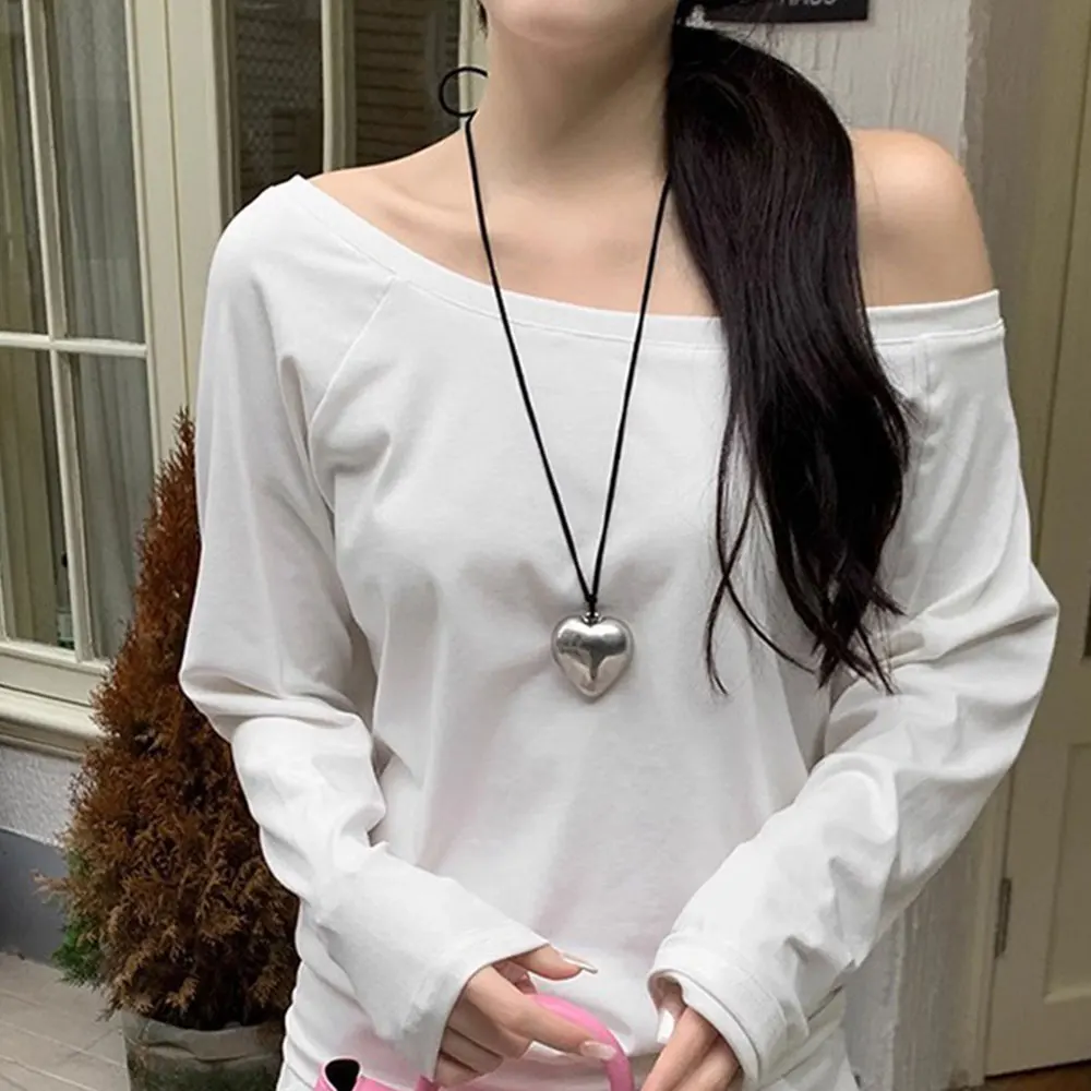 تي شيرت نسائي كاجوال بأكمام طويلة فضفاض بدون أكتاف ومرونة متوسطة مناسبة للإجازات والاستخدام اليومي #1