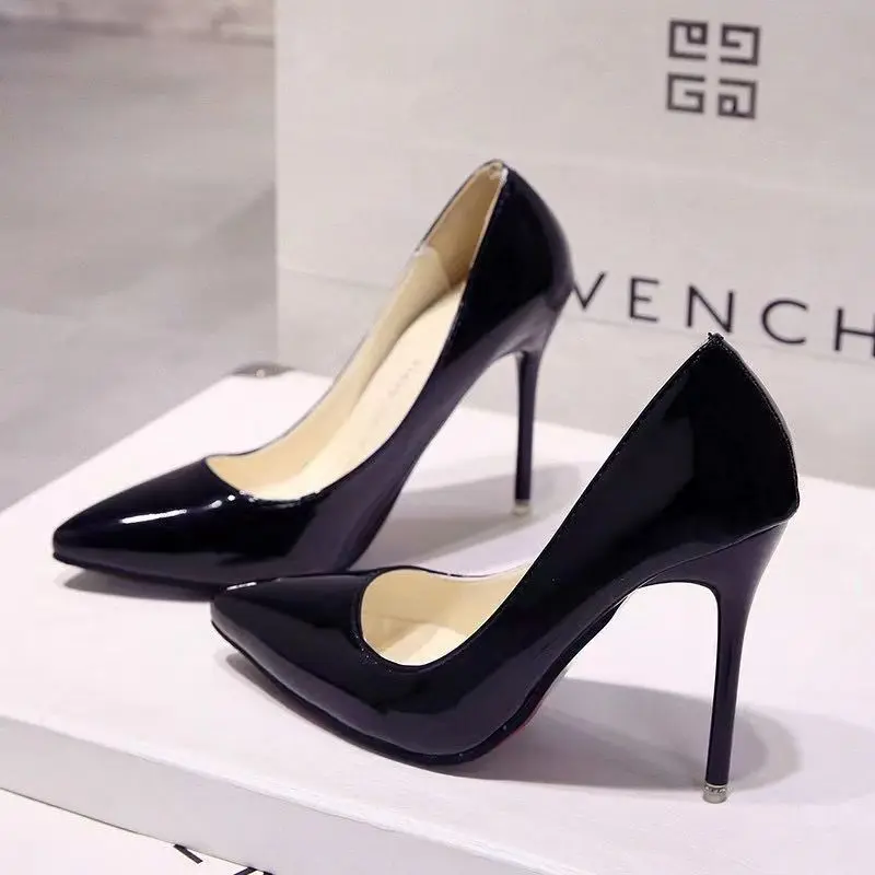 New Brand High quality Pumps Women High Heel Black Patent Leather Pointed Toe Thin Heel Wedding Party Shoes size34-43