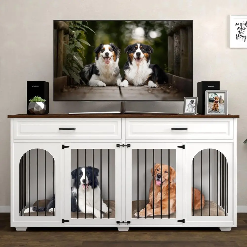 

Wooden Double Dog Kennel - 74.8 TV Stand for 2 Large or Medium Dogs, White