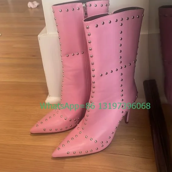 

Lady metal punk pink studed design calf boots spike design gothic metallic PU boots Mary jeans footwear size 35-46 footwear