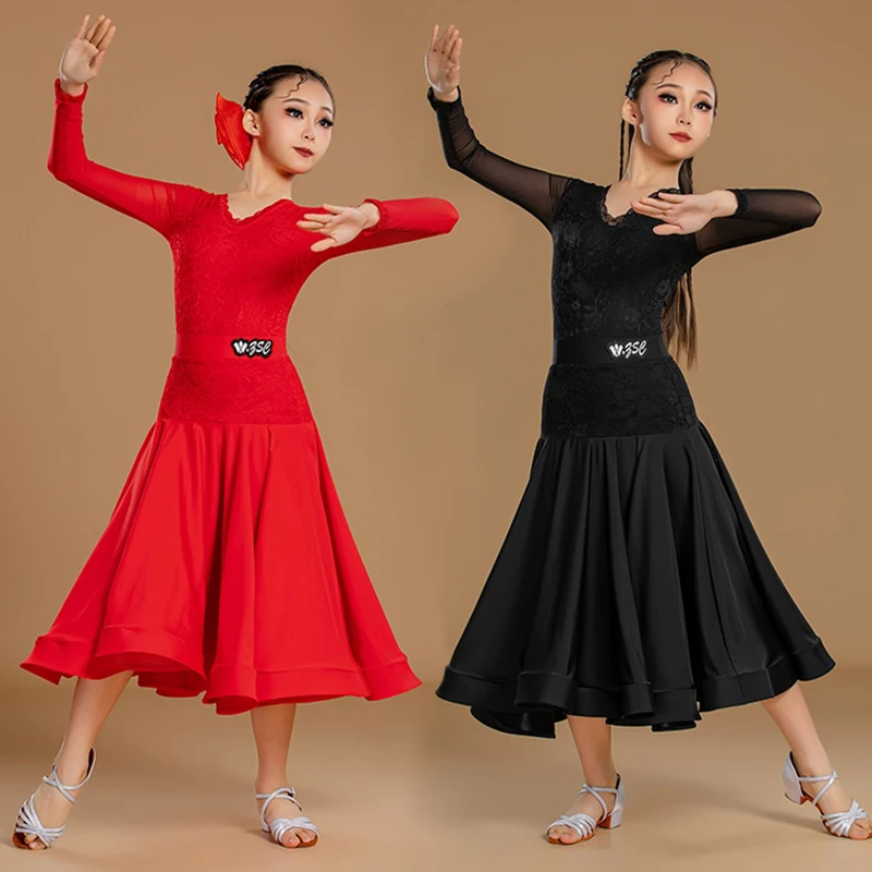 

Black Ballroom Dance Costume New Waltz Competition Dress Lace V-Neck Bodysuit Modern Dance Skirt Girls Standard Dancewear 3546