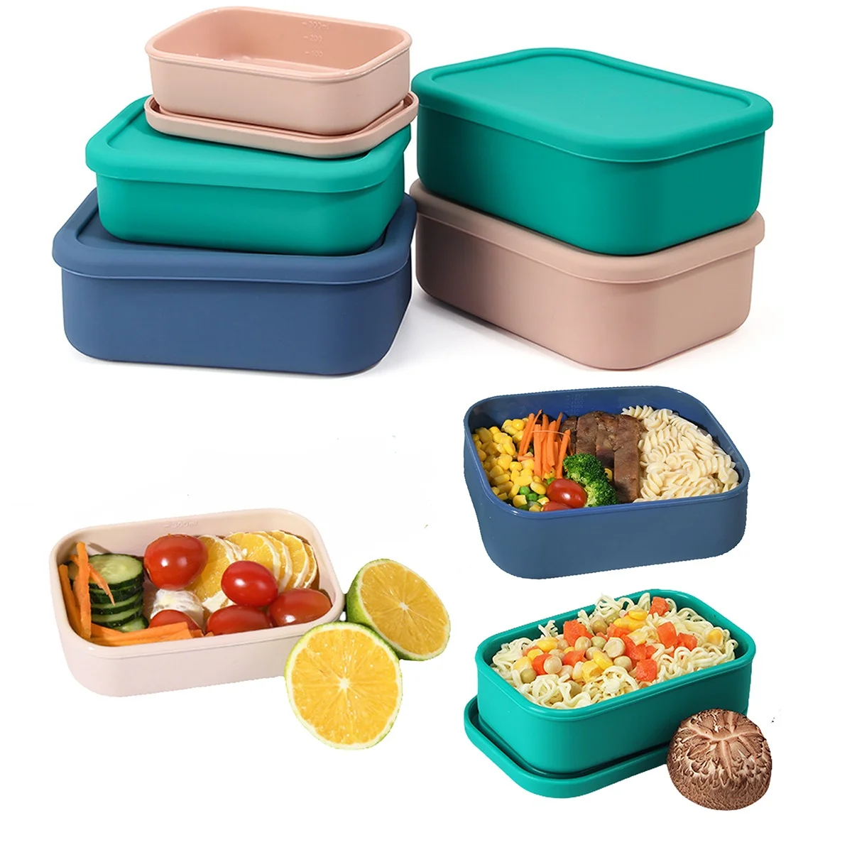 Silicone Food Storage Containers, Set of 3 Silicone Bento Lunch Box Containers with Lids, Hard-Shell Silicone, Airtight, Microwa