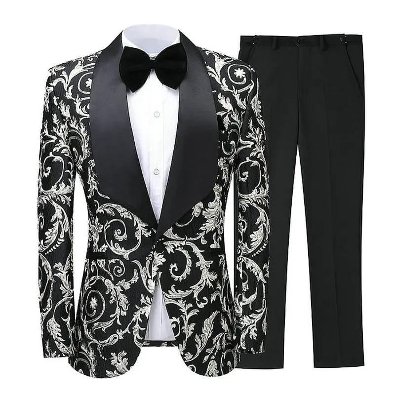 

SZMANLIZI 2022 Fashion Slim Fit Black Floral Mens Suits For Wedding Groom Tuxedos Terno Suits For Men Prom Party Best Man Blazer