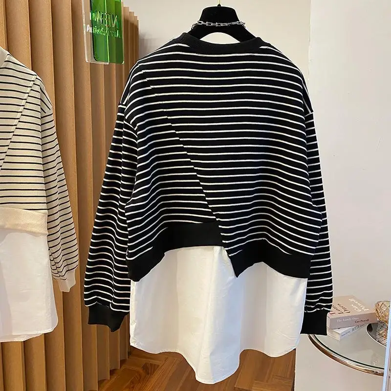 Spring Autumn New Round Neck Long Sleeve Fashion Sweatshirts Women High Street Casual Striped Pullovers Elegant Patchwork Tops