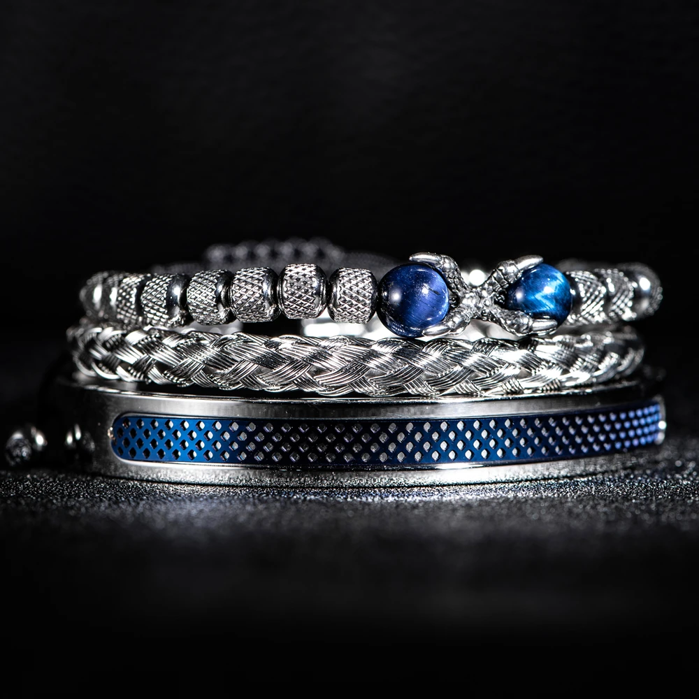 3pcs/set Luxury Set Men Bracelet Stainless Steel Handmade Rope Bangles Men Eagle Bracelets Tigereye Natural Stone Accessories