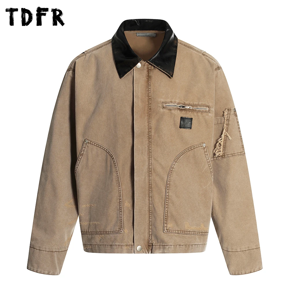 

Washed Distressed Cargo Jacket Mens Spliced Pocket Retro Autumn Casual Loose Spliced Lapel Long Sleeve Outerwear Men