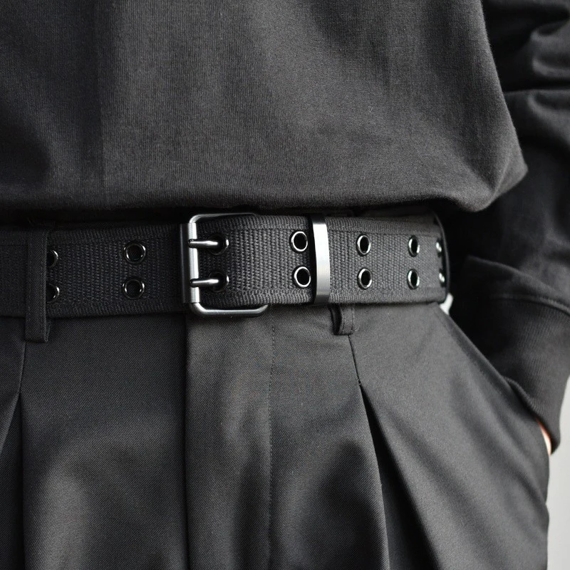 British Style Men Nylon Weaving Belt With Hole Male Waist Belt For Suit Pants Jeans Trousers Alloy Double Pin Buckle Waistband