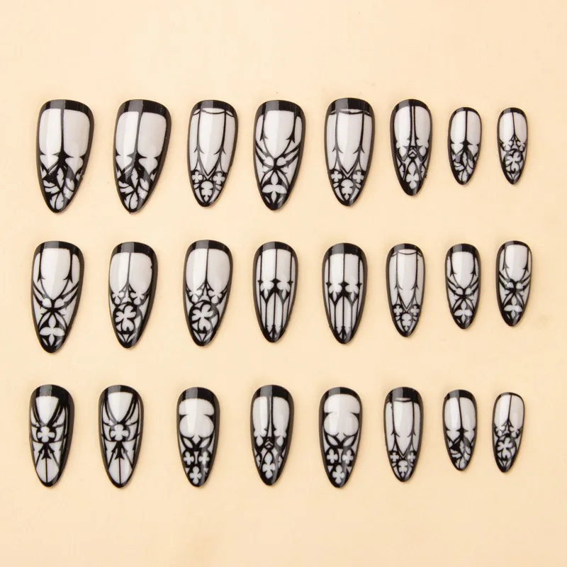 24 Pcs Acrylic Fake Press on Nails for Gluing Gothic Style Long Almond False Nails with Glue Black White Cheap Simple Nail Tips