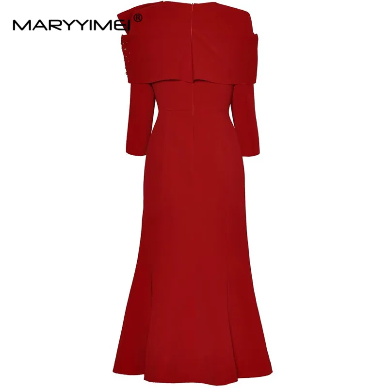 MARYYIMEI Fashion Autumn and Winter Women\'s Dress Three Quarter Sleeve High waist Crystal Slim-Fit Hip Wrap Mermaid Dresses