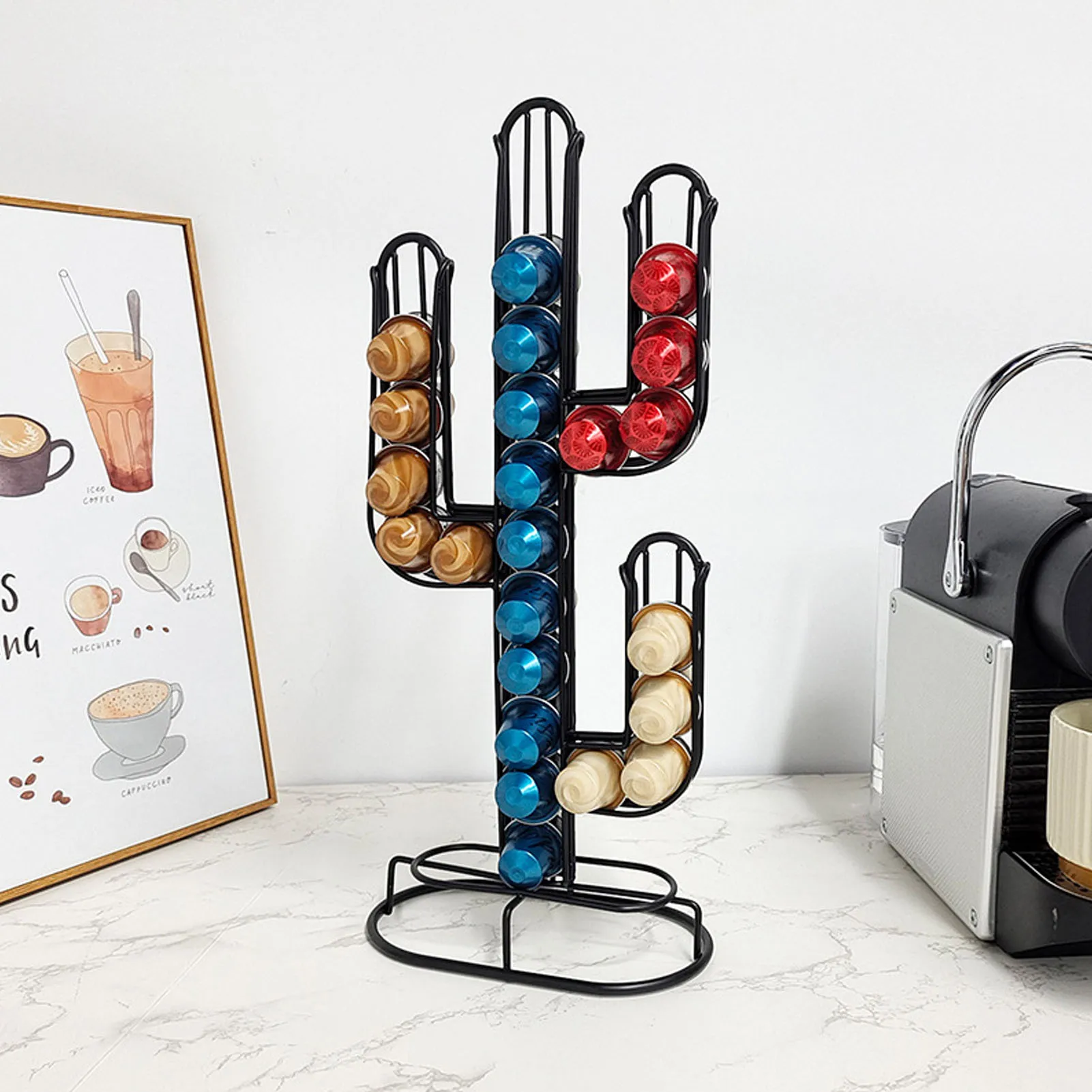 Supporto per cialde di caffè a forma di Cactus Home Black Iron Coffee Capsule Storage Stand Organizer contiene 48 cialde di caffè supporto per cialde di caffè