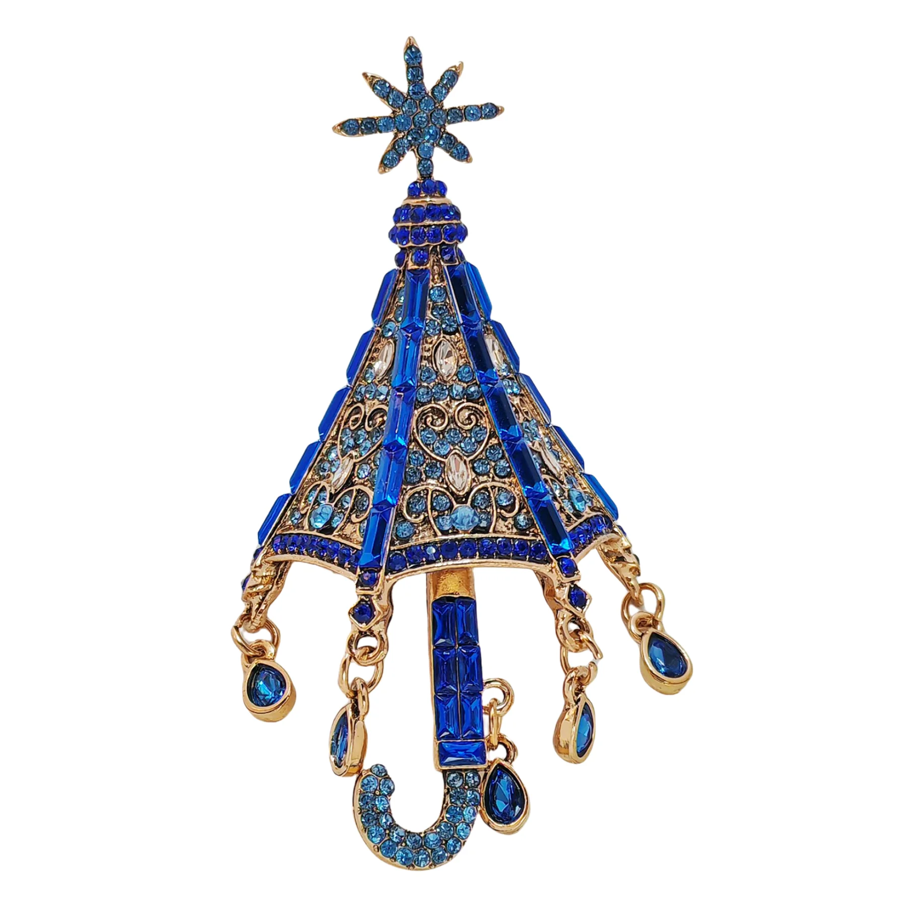 Stunning Blue Crystal Rhinestone Umbrella Brooch Pin with Tassel