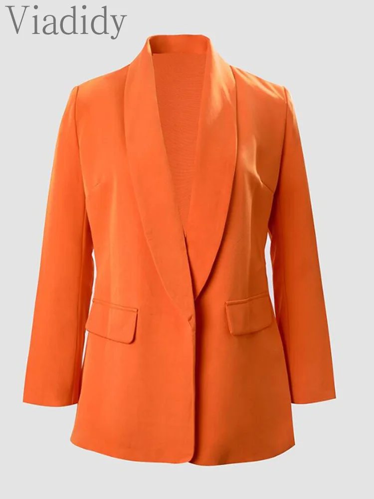 Vrouwen Effen Kleur Lange Mouw Sjaal Kraag Zak Decor Blazer Jas