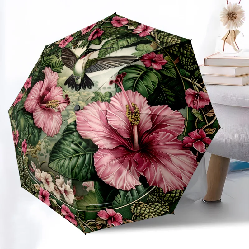 

Винтажный складной зонт колибри, модный дизайн с автоматическим открытием, 8, железные ребрышки, пластиковая ручка, складной солнцезащитный козырек, идеальные подарки