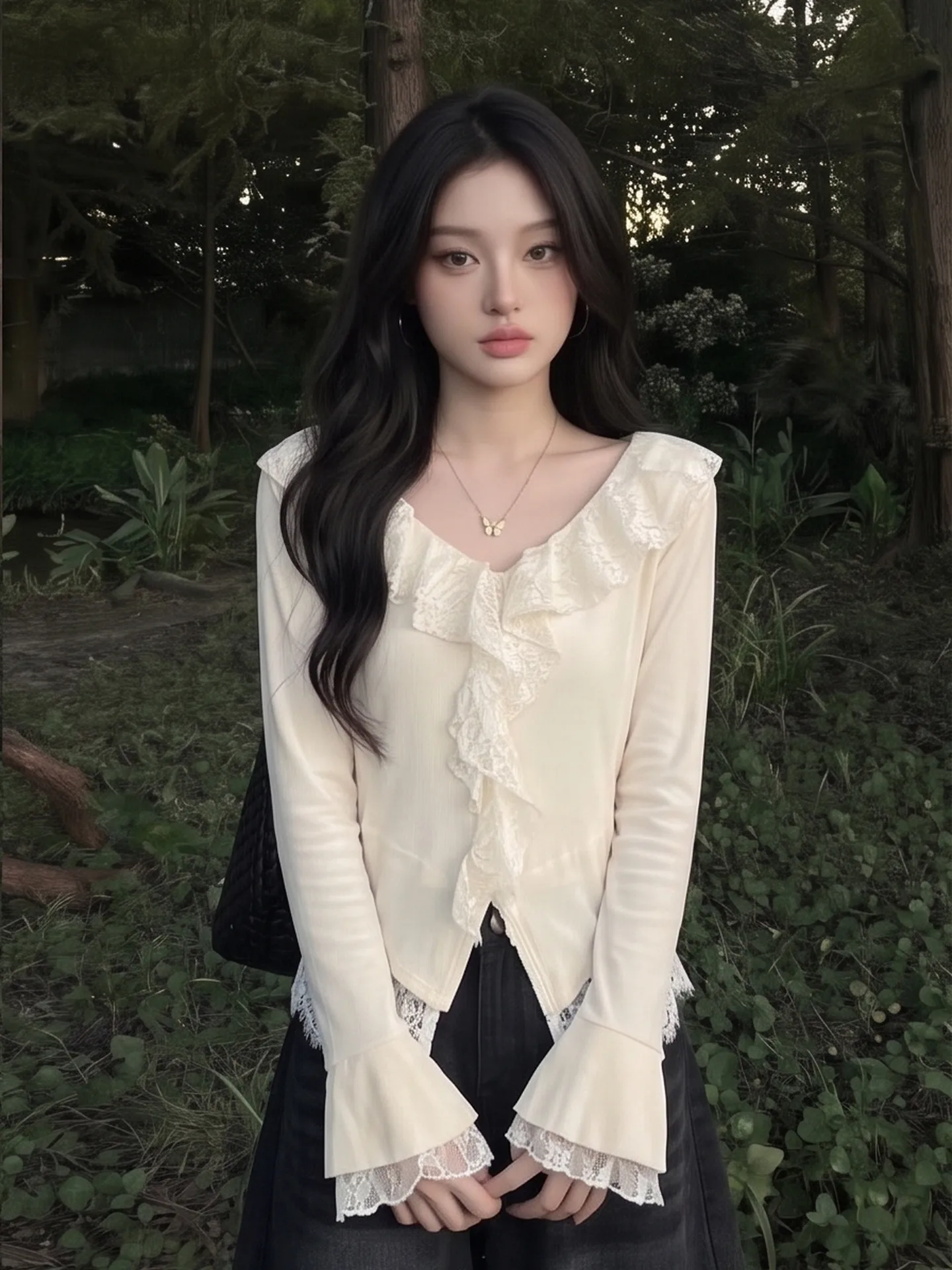 Elegant Lace Splice Bell Sleeve Long Sleeve V Neck Knitted T Shirt Slimming Women's Fashion City Walk Pure Color Autumn Top