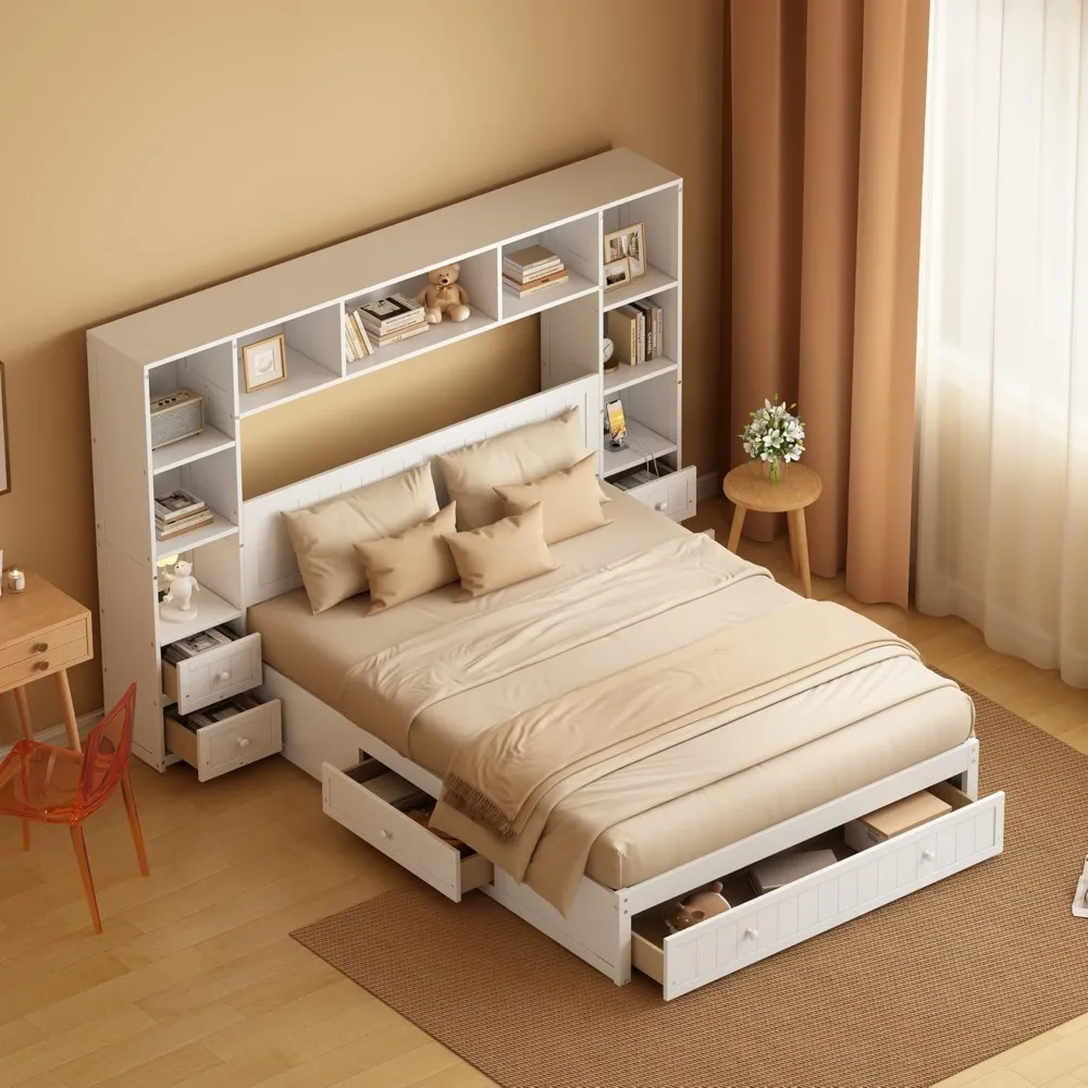 

solid wood queen bed frame with bookcase headboard, nightstands, storage, and dual charging stations