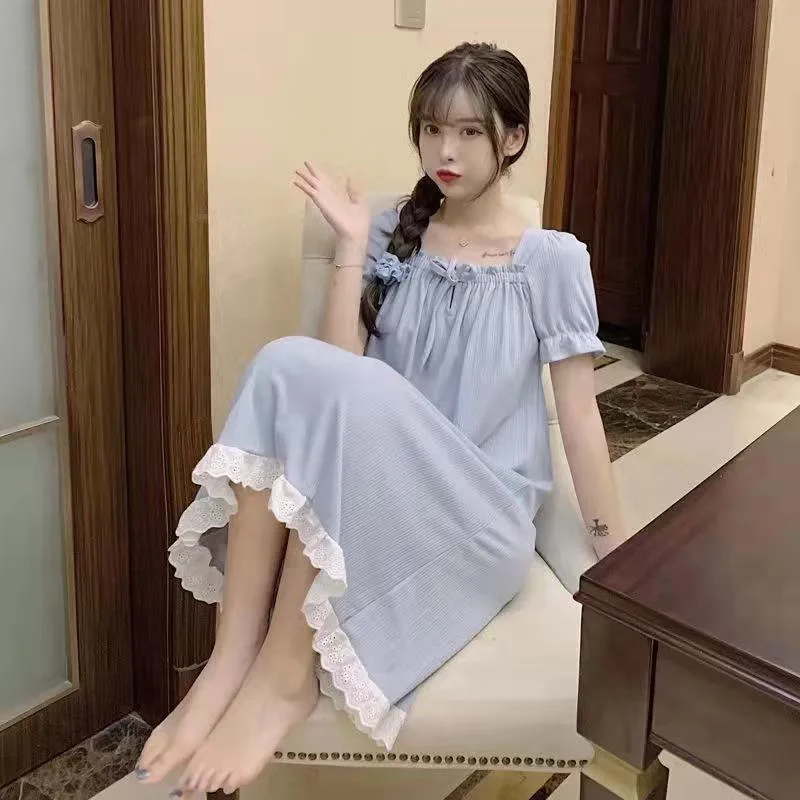 

Women's Summer Fashion Sleepwear, Women's Sweet Short Sleeved Lace Side Sleepwear, Loose Medium Long Skirt Sleepwear, Home Wear