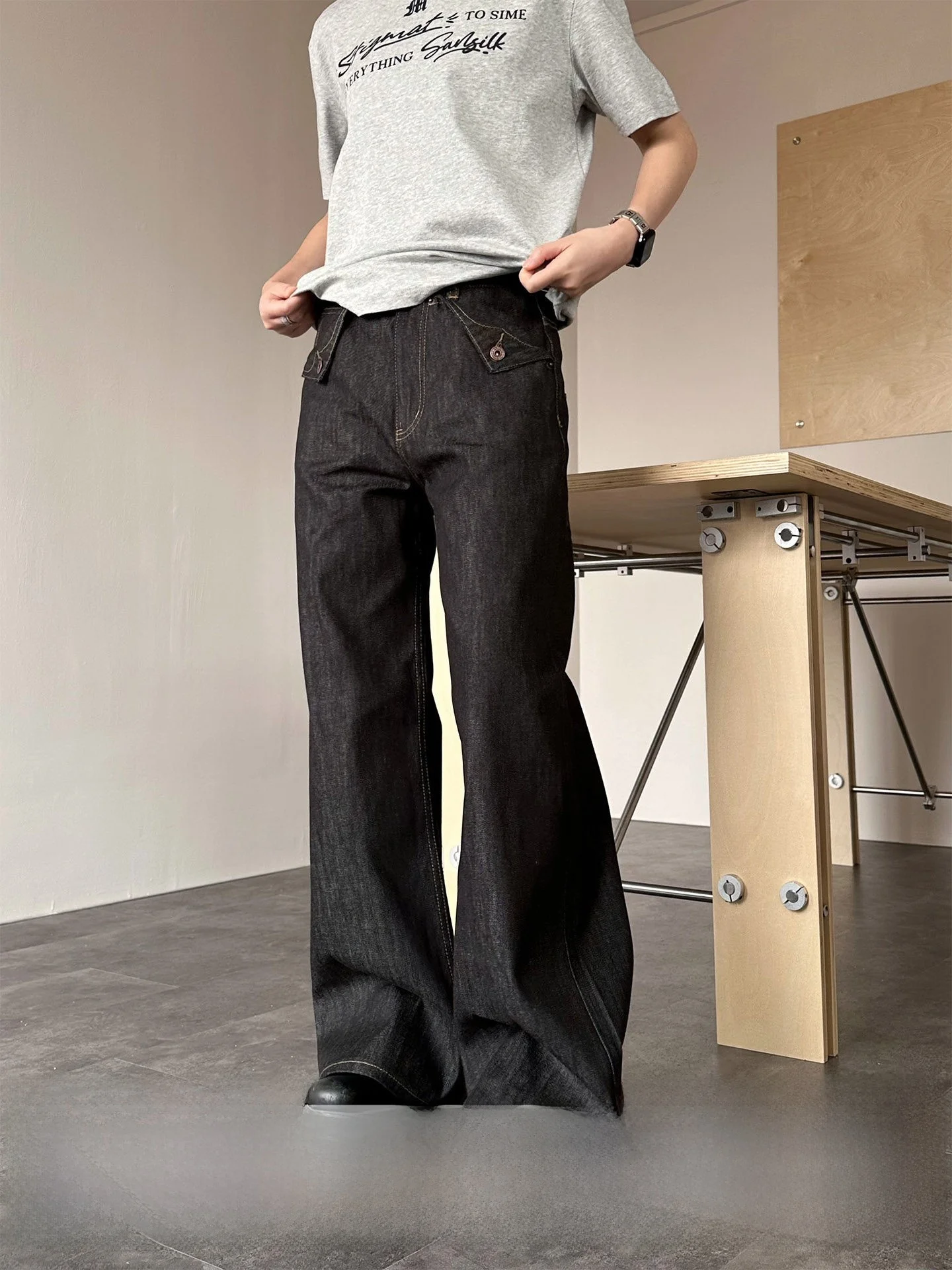 

American Original Color Denim Wide Leg Jeans Neutral Style High End Feeling Basic a Line Floor Length Pants Spring Season Cot...