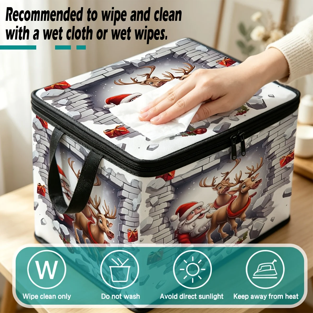 Lidded Storage Box With Santa Claus With Reindeer, Durable Zipper, Large Capacity, For Wardrobe Organization, Underbed Storage