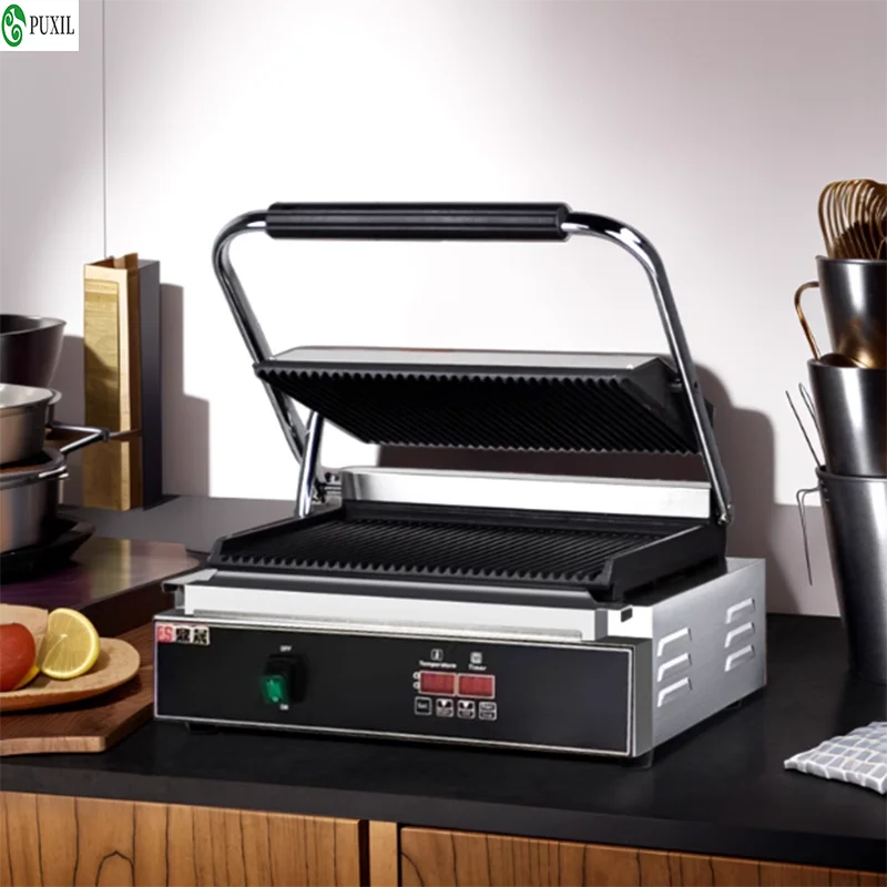 

Коммерческая электромеханическая плита Panini мощностью 2200 Вт, электрическая печь для горячего прессования с одной головкой и полной ямой, сэндвич-барбекю и пресс для говядины