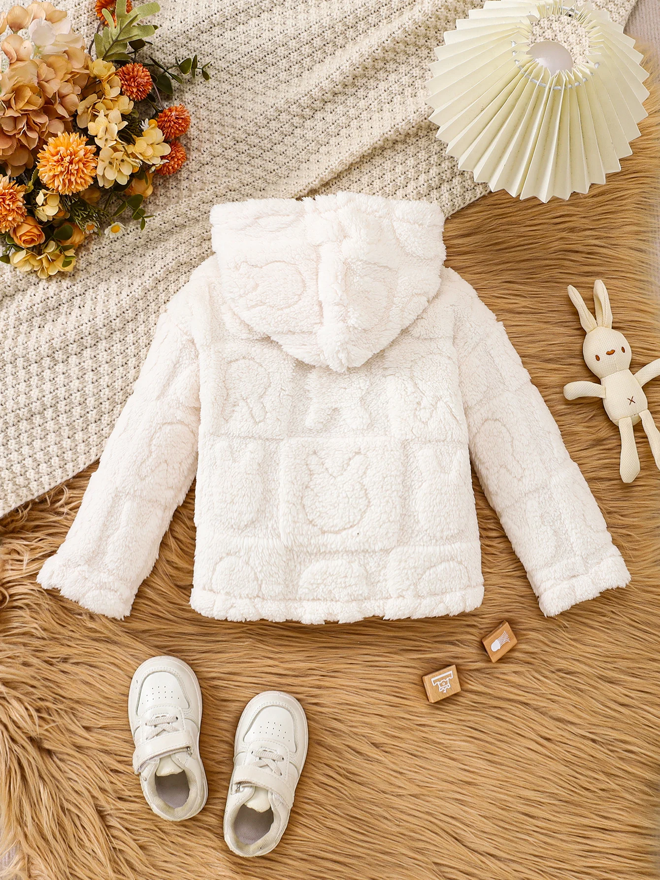 Toddler Baby Hooded Fleece Coat 6M-3Y Cute Embossed Plush Jacket Button Warm Outerwear for Boys Girls Autumn Winter