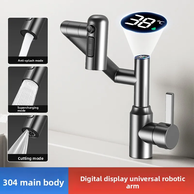 Смеситель для раковины с цифровым дисплеем, вращение на 360°, многофункциональный распылитель, смеситель для горячей и холодной воды, раковина, кухонный кран для ванной комнаты Смеситель для раковины с цифровым дисплеем, вращение на 360°, многофункциональный распылитель, смеситель для горячей и холодной воды, раковина, кухонный кран для ванной комнаты