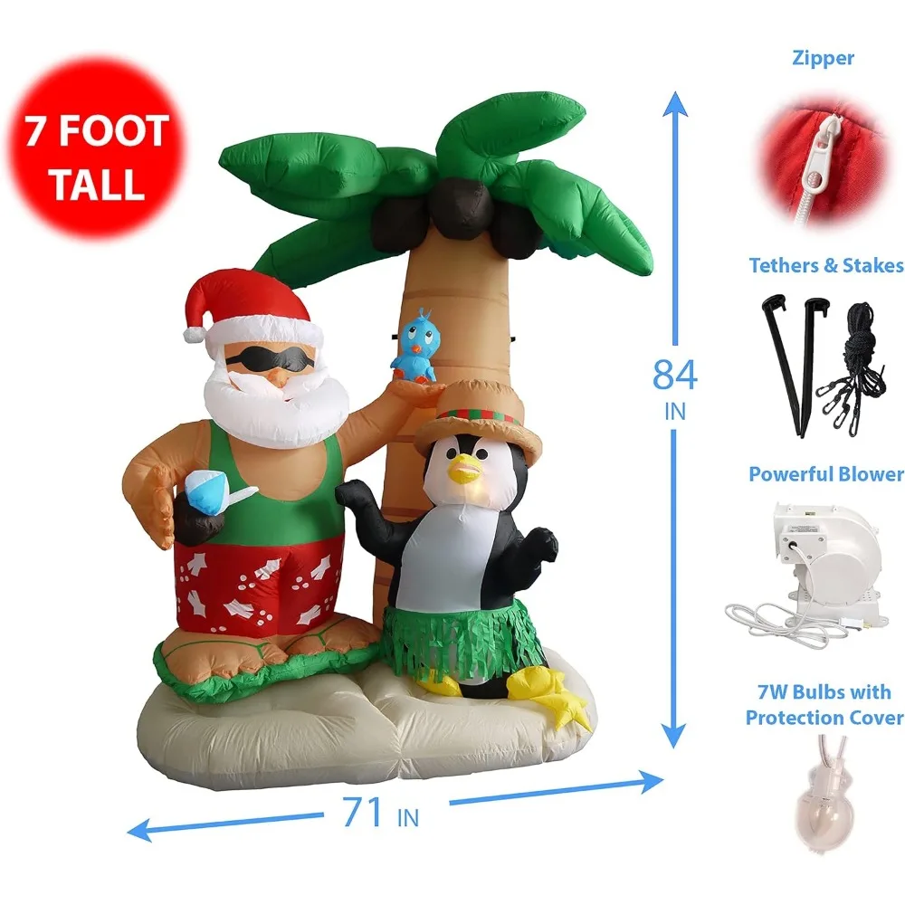 7 Foot Inflatable Santa Claus & Penguin on an Island w/ Palm Tree