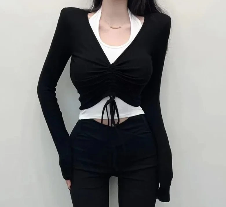 

Черный вязаный укороченный топ с v-образным вырезом, женский укороченный топ с низким вырезом и завязками, состоящий из двух частей